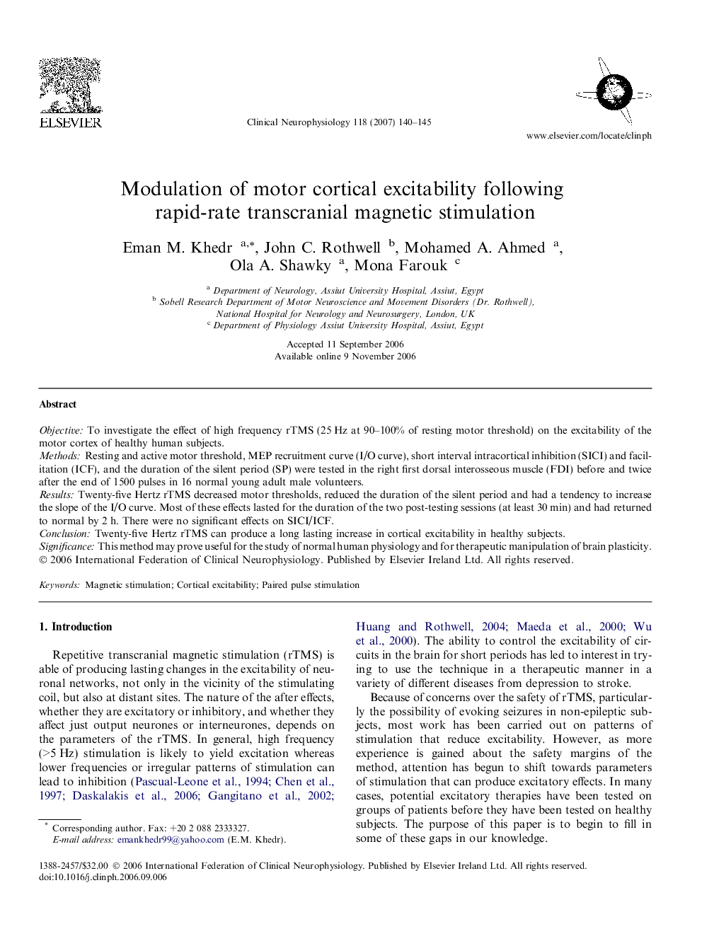 Modulation of motor cortical excitability following rapid-rate transcranial magnetic stimulation