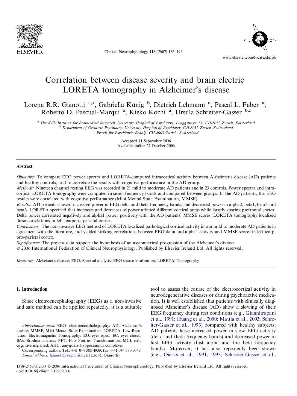 Correlation between disease severity and brain electric LORETA tomography in Alzheimer’s disease