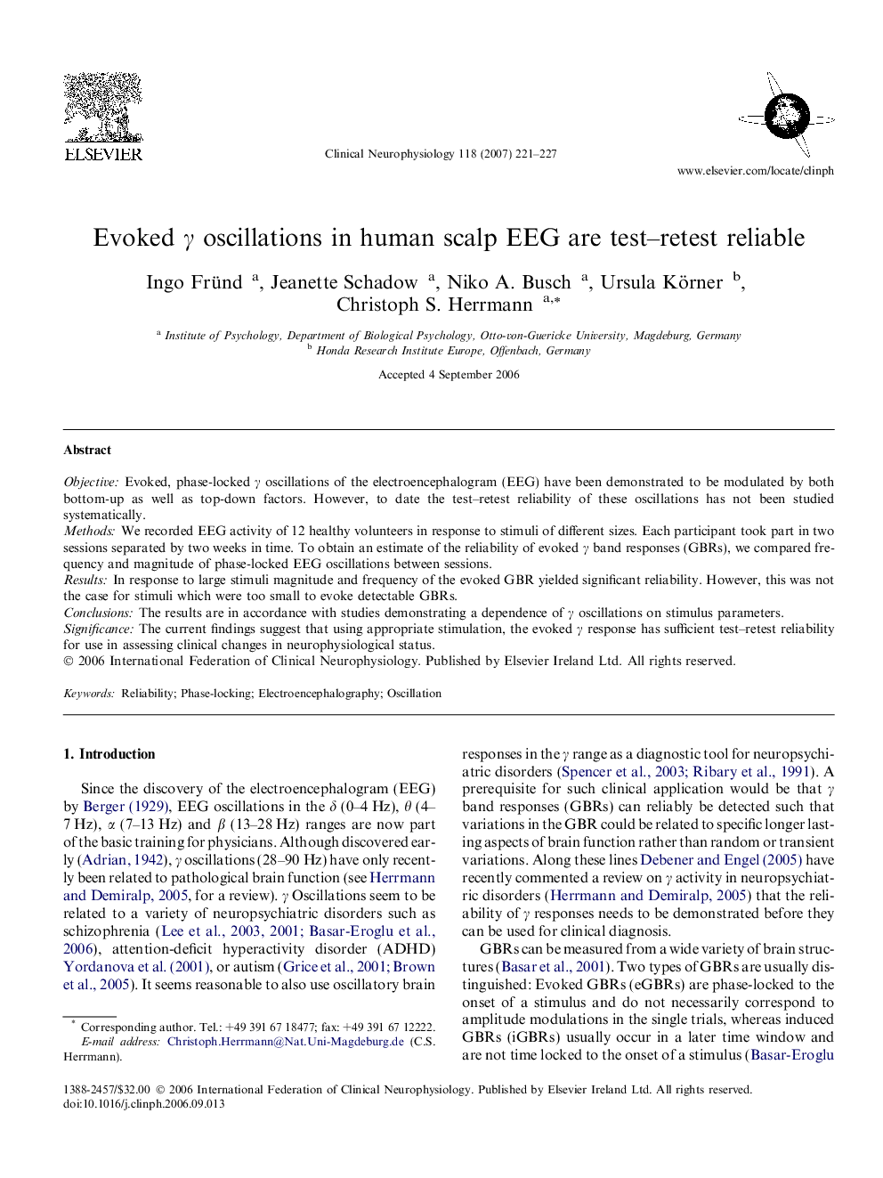 Evoked γ oscillations in human scalp EEG are test–retest reliable