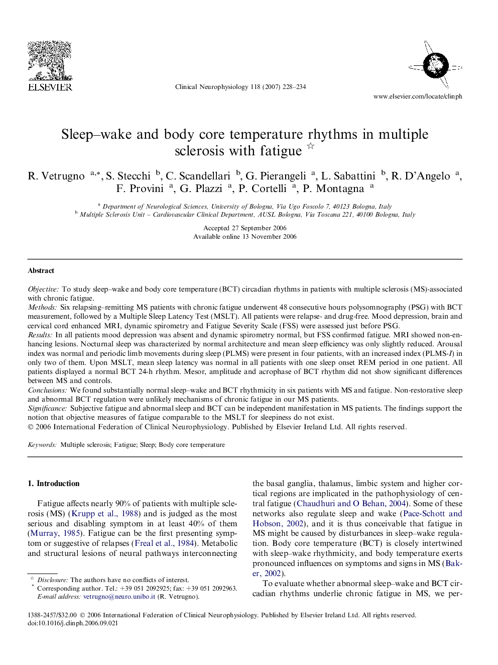 Sleep-wake and body core temperature rhythms in multiple sclerosis with fatigue