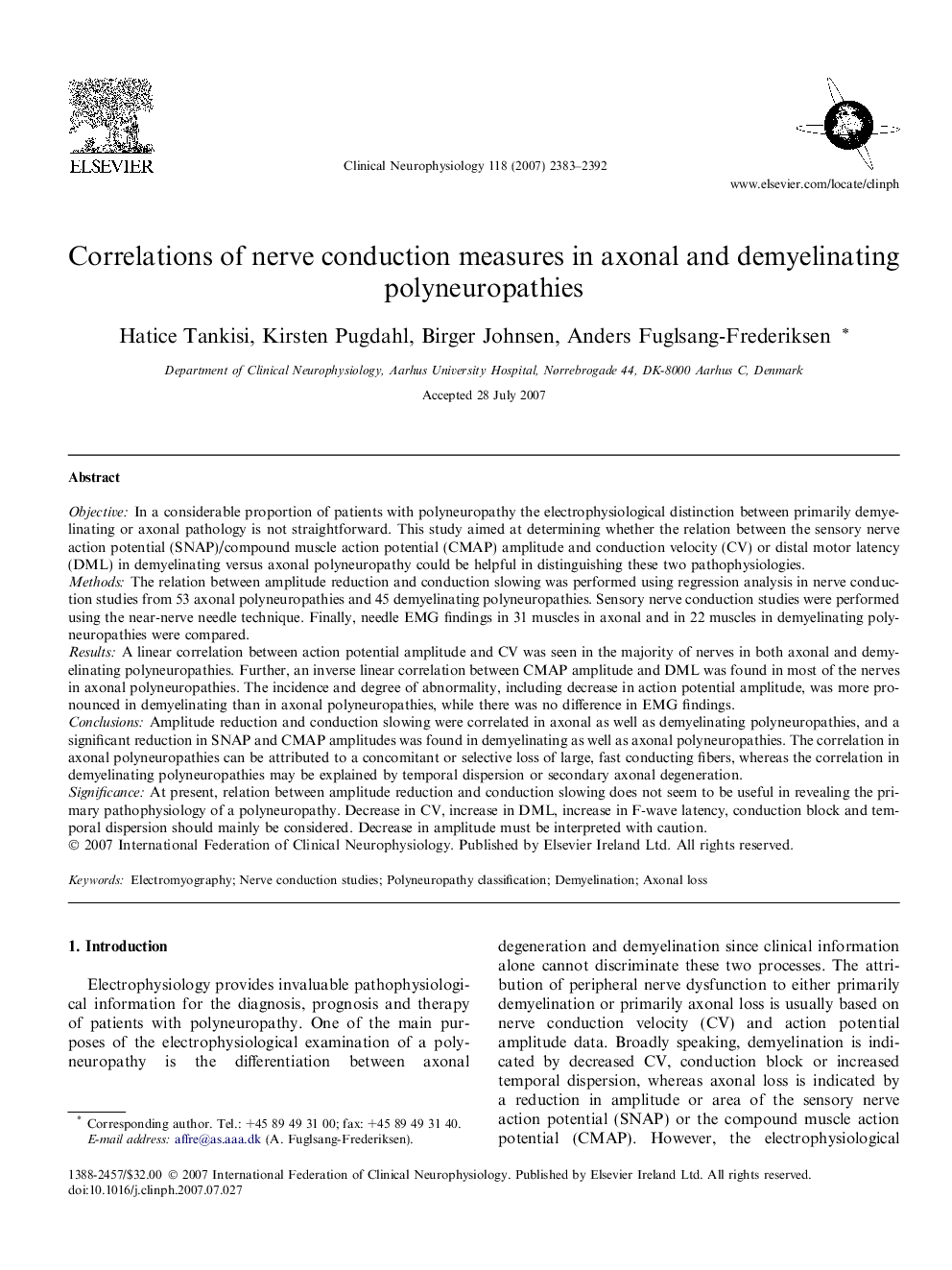 Correlations of nerve conduction measures in axonal and demyelinating polyneuropathies