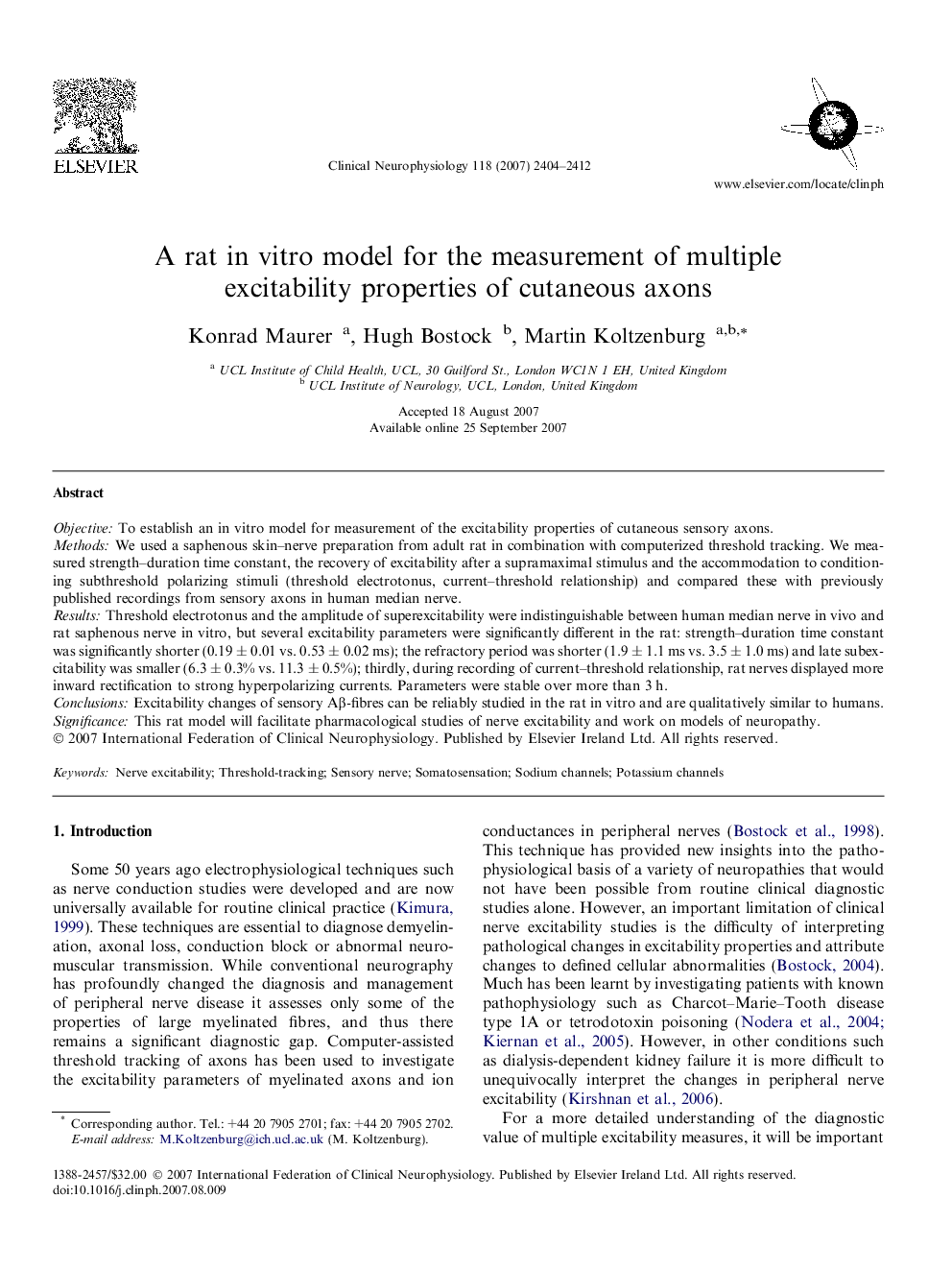 A rat in vitro model for the measurement of multiple excitability properties of cutaneous axons