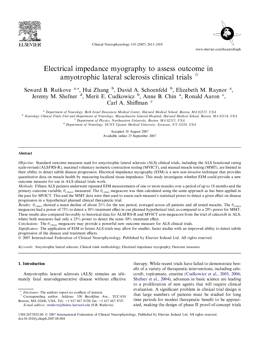 Electrical impedance myography to assess outcome in amyotrophic lateral sclerosis clinical trials 