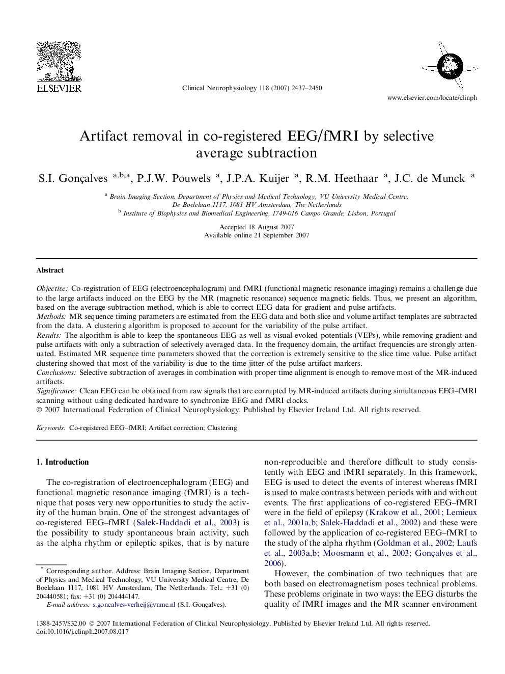 Artifact removal in co-registered EEG/fMRI by selective average subtraction