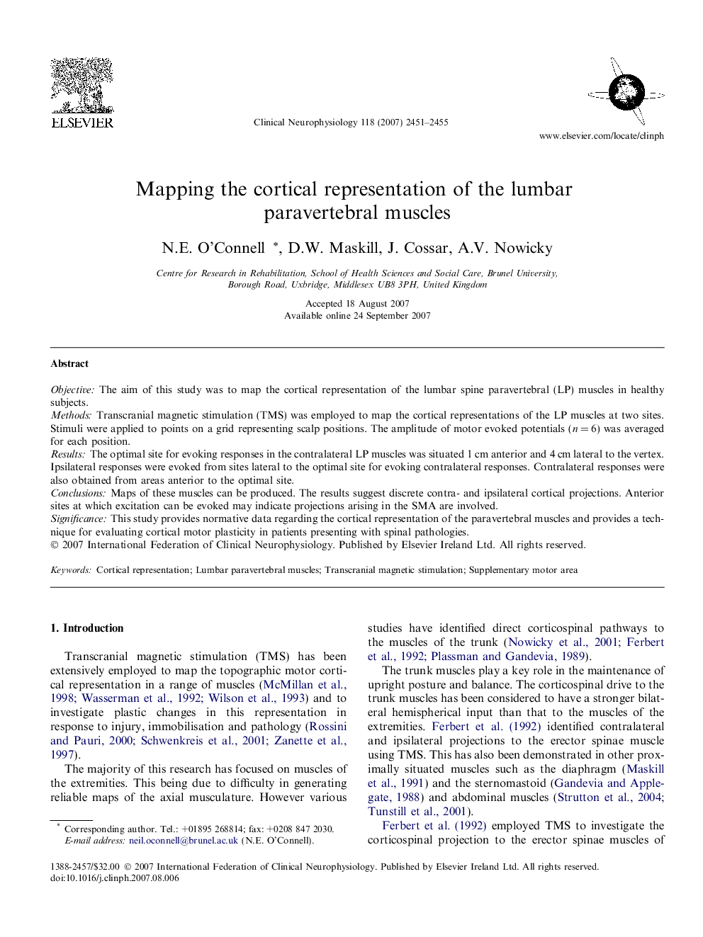 Mapping the cortical representation of the lumbar paravertebral muscles