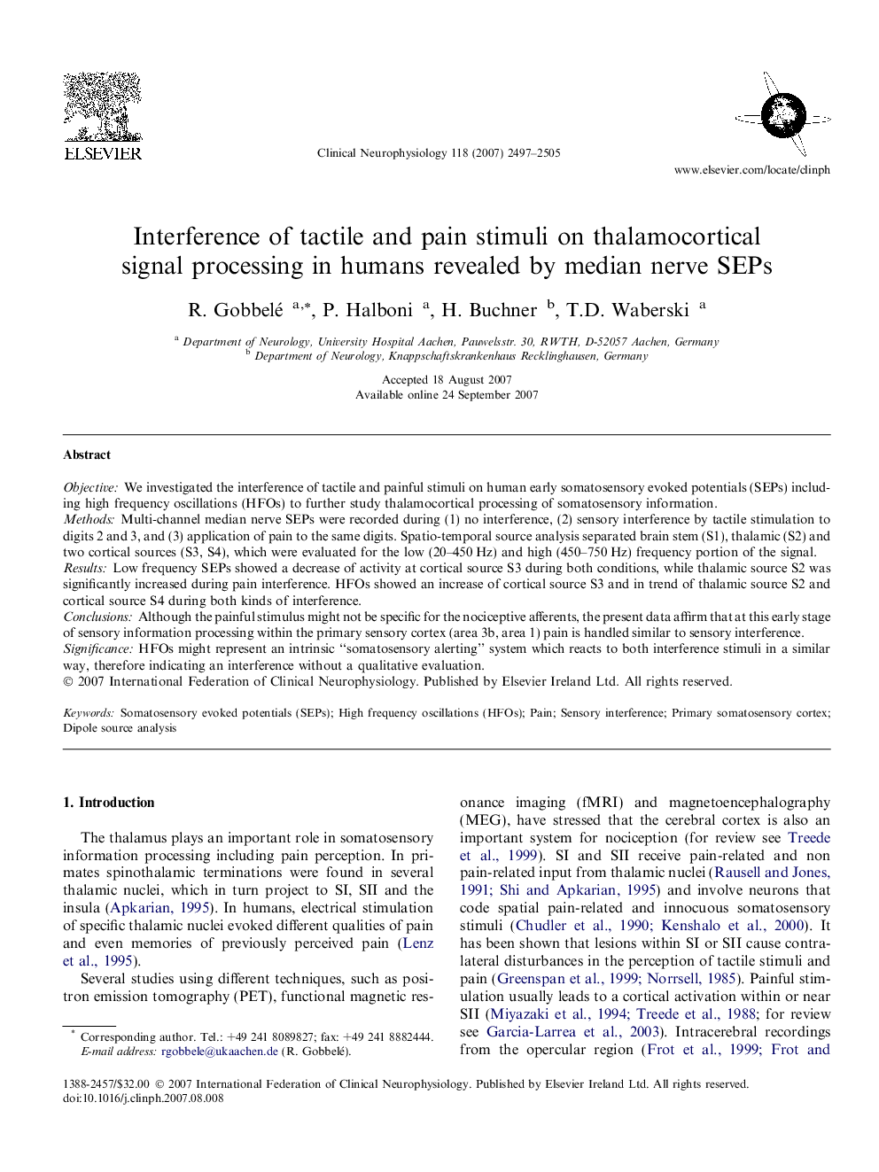 Interference of tactile and pain stimuli on thalamocortical signal processing in humans revealed by median nerve SEPs