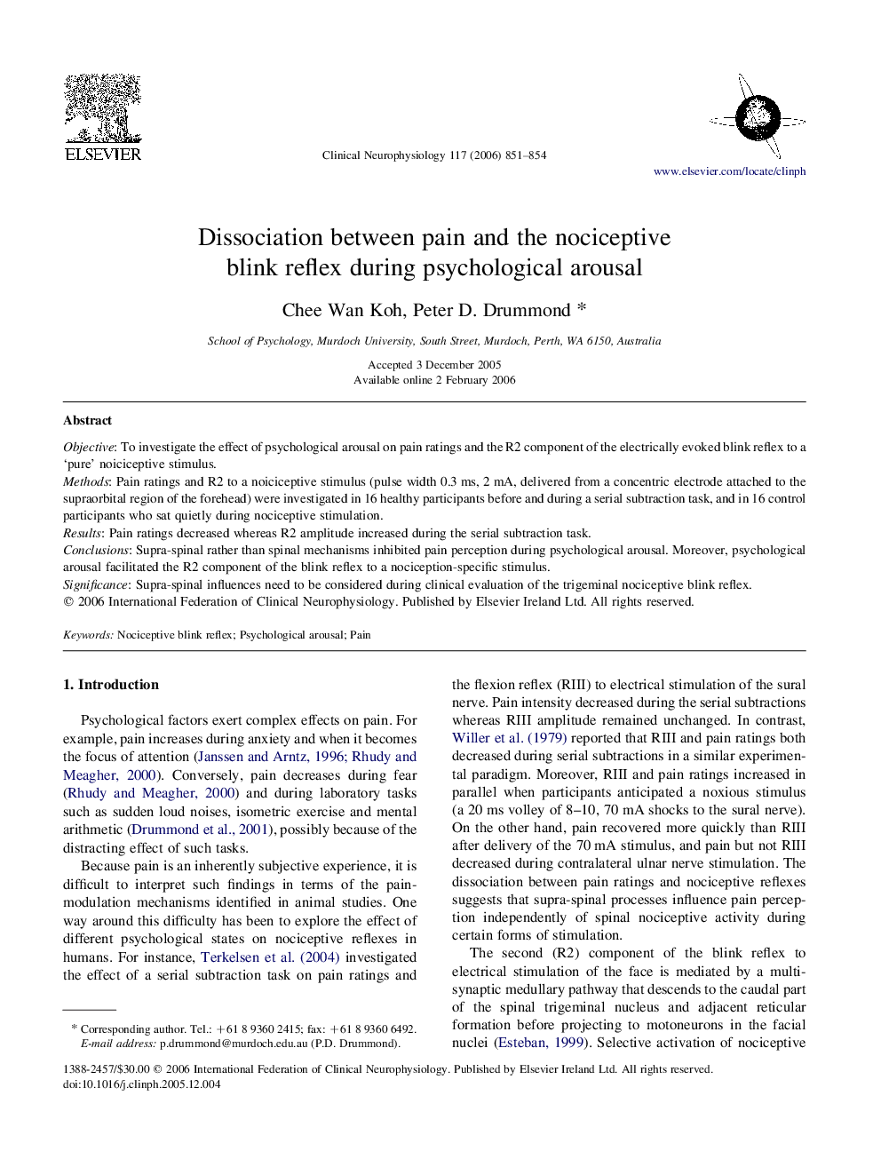 Dissociation between pain and the nociceptive blink reflex during psychological arousal