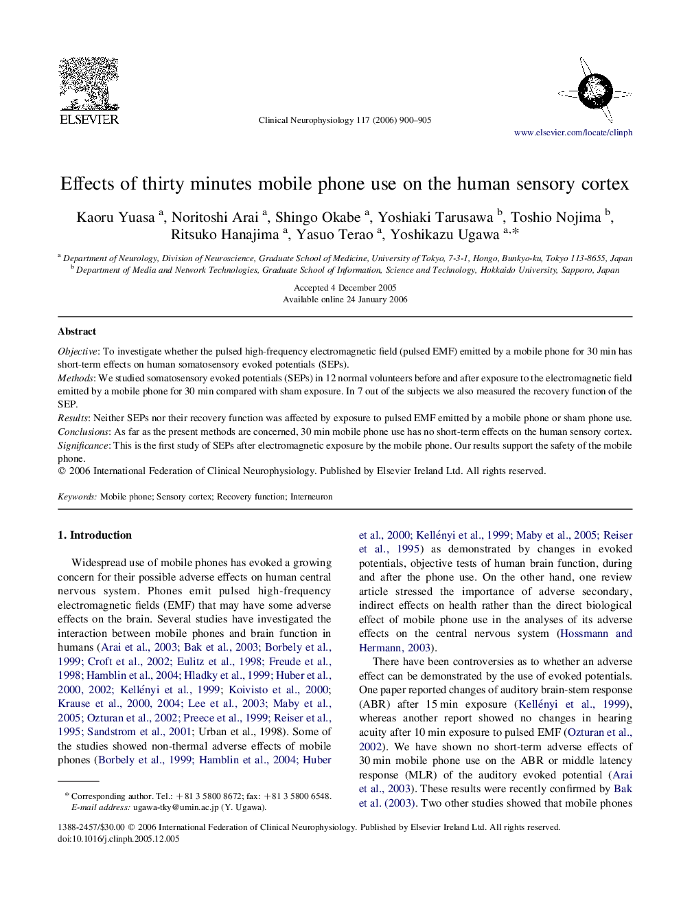 Effects of thirty minutes mobile phone use on the human sensory cortex