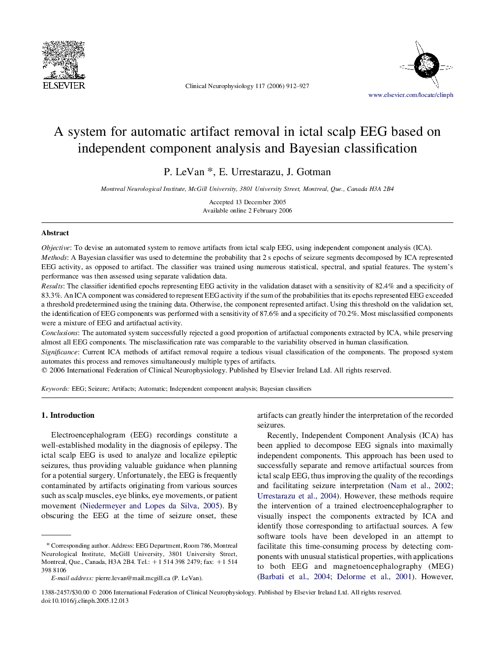 A system for automatic artifact removal in ictal scalp EEG based on independent component analysis and Bayesian classification