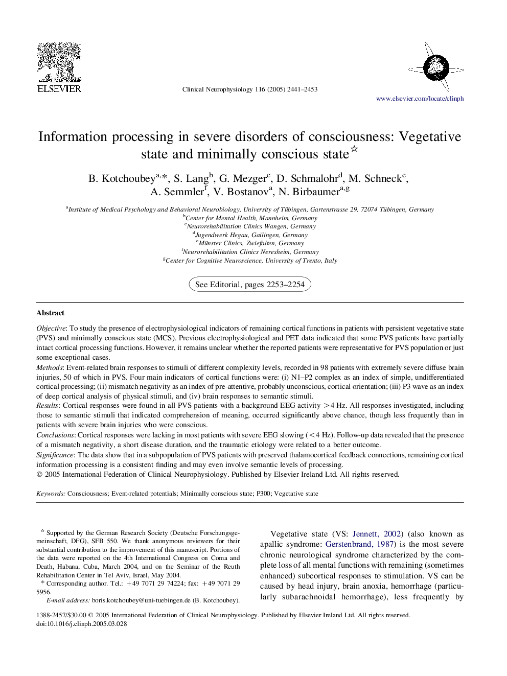 Information processing in severe disorders of consciousness: Vegetative state and minimally conscious state 