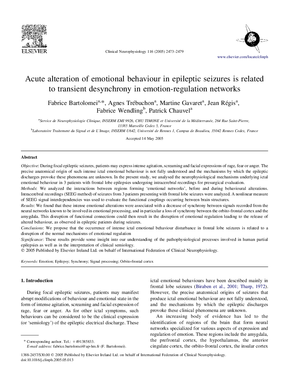 Acute alteration of emotional behaviour in epileptic seizures is related to transient desynchrony in emotion-regulation networks