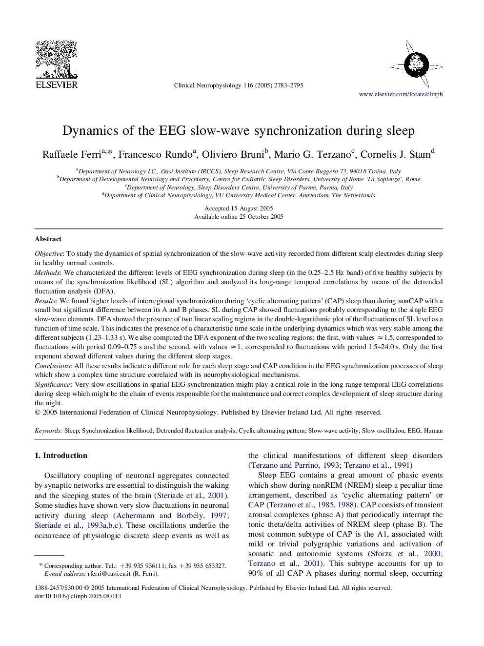 Dynamics of the EEG slow-wave synchronization during sleep