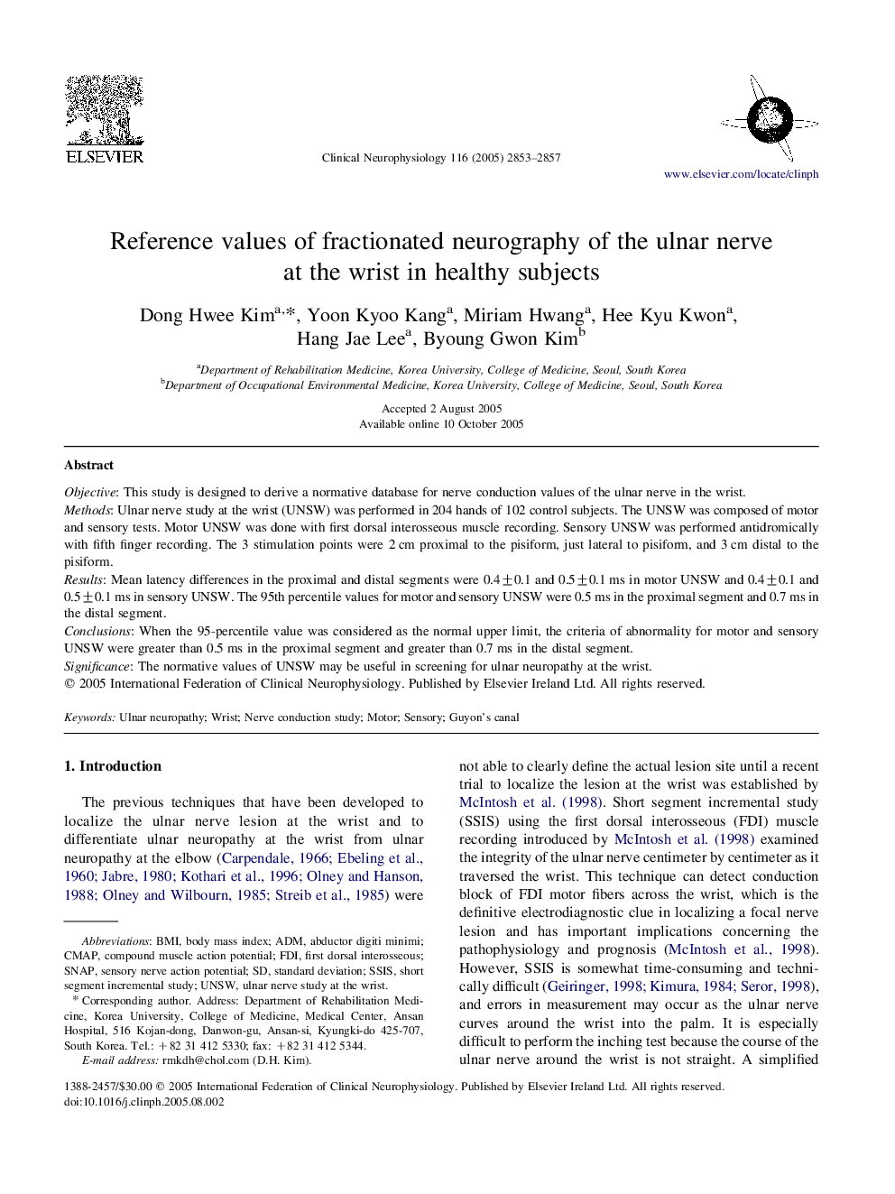 Reference values of fractionated neurography of the ulnar nerve at the wrist in healthy subjects