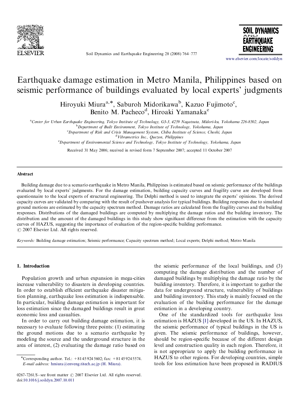 Earthquake damage estimation in Metro Manila, Philippines based on seismic performance of buildings evaluated by local experts’ judgments