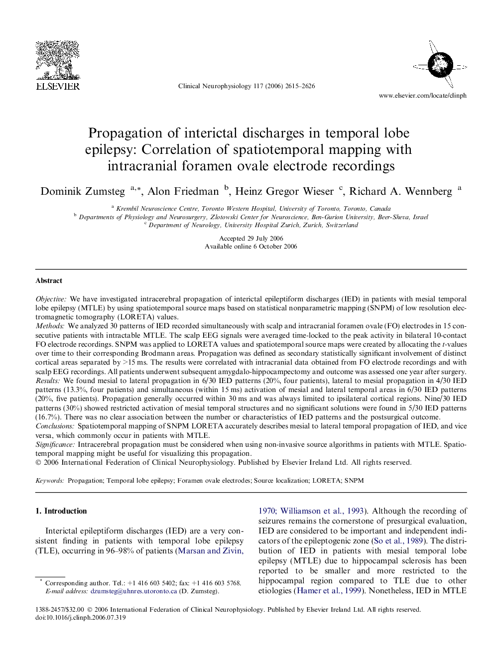 Propagation of interictal discharges in temporal lobe epilepsy: Correlation of spatiotemporal mapping with intracranial foramen ovale electrode recordings