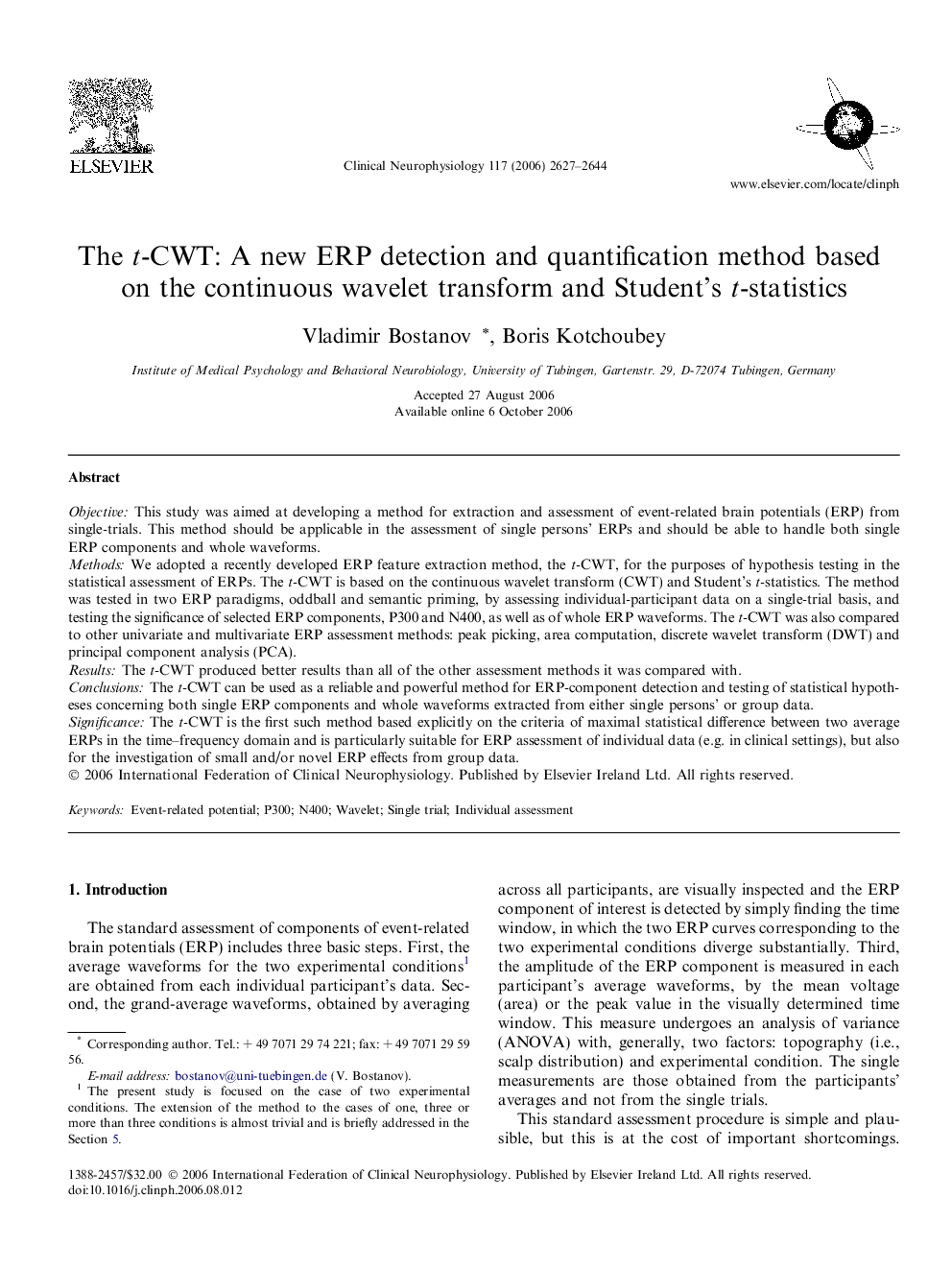 The t-CWT: A new ERP detection and quantification method based on the continuous wavelet transform and Student’s t-statistics