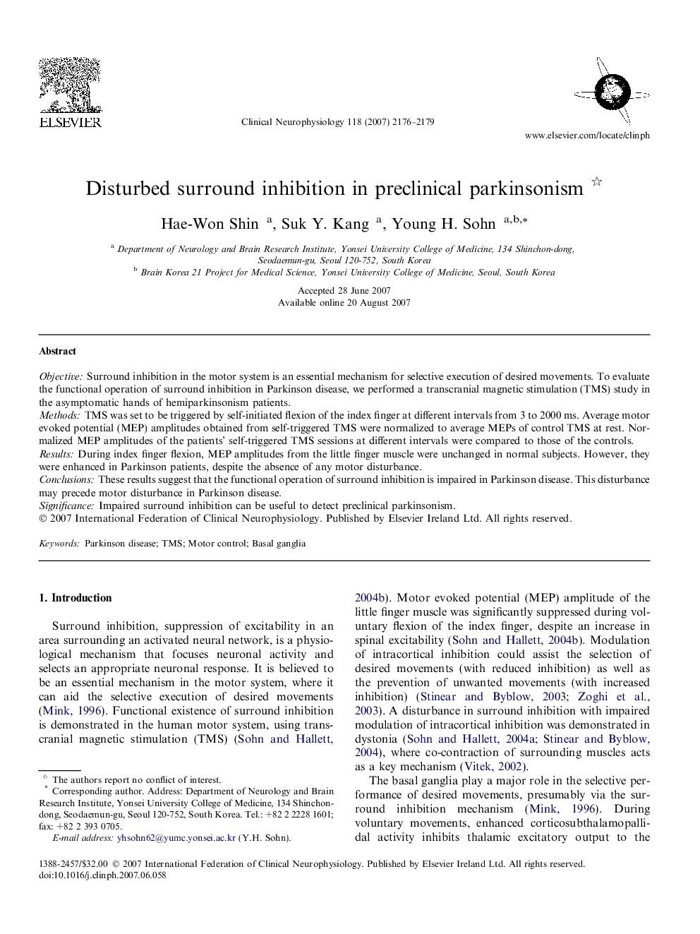 Disturbed surround inhibition in preclinical parkinsonism 