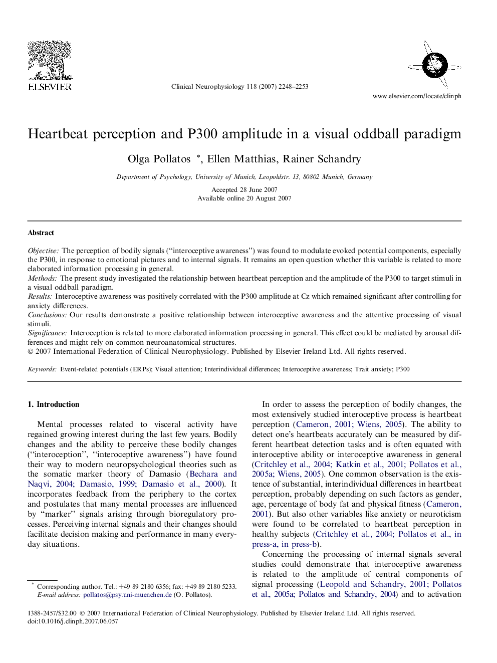 Heartbeat perception and P300 amplitude in a visual oddball paradigm