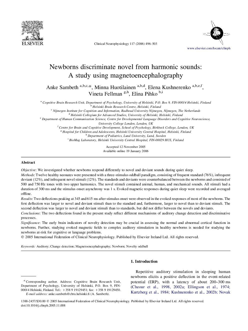 Newborns discriminate novel from harmonic sounds: A study using magnetoencephalography