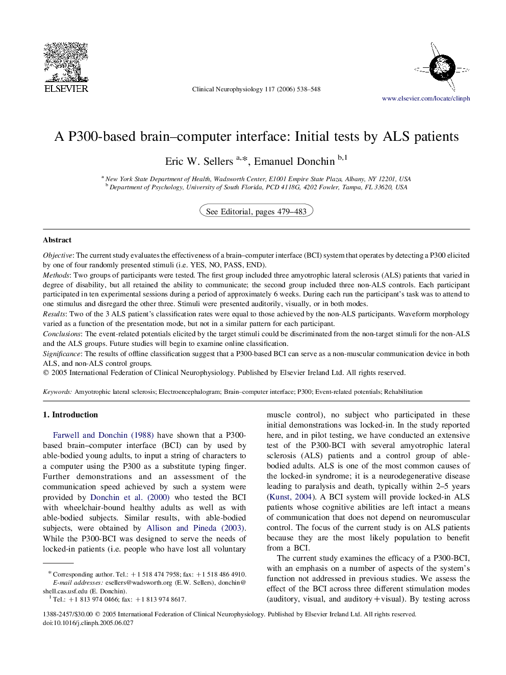 A P300-based brain–computer interface: Initial tests by ALS patients