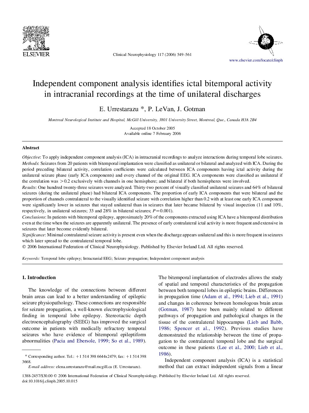 Independent component analysis identifies ictal bitemporal activity in intracranial recordings at the time of unilateral discharges