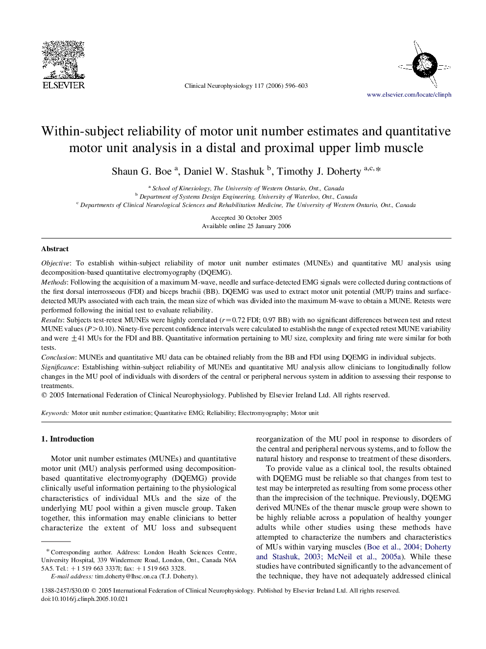 Within-subject reliability of motor unit number estimates and quantitative motor unit analysis in a distal and proximal upper limb muscle