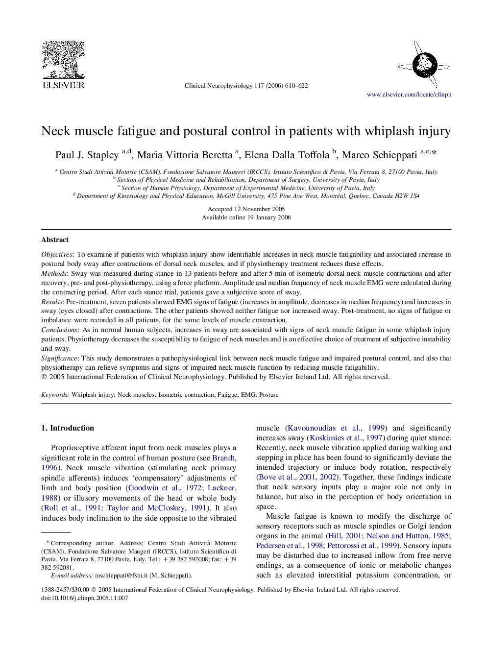 Neck muscle fatigue and postural control in patients with whiplash injury