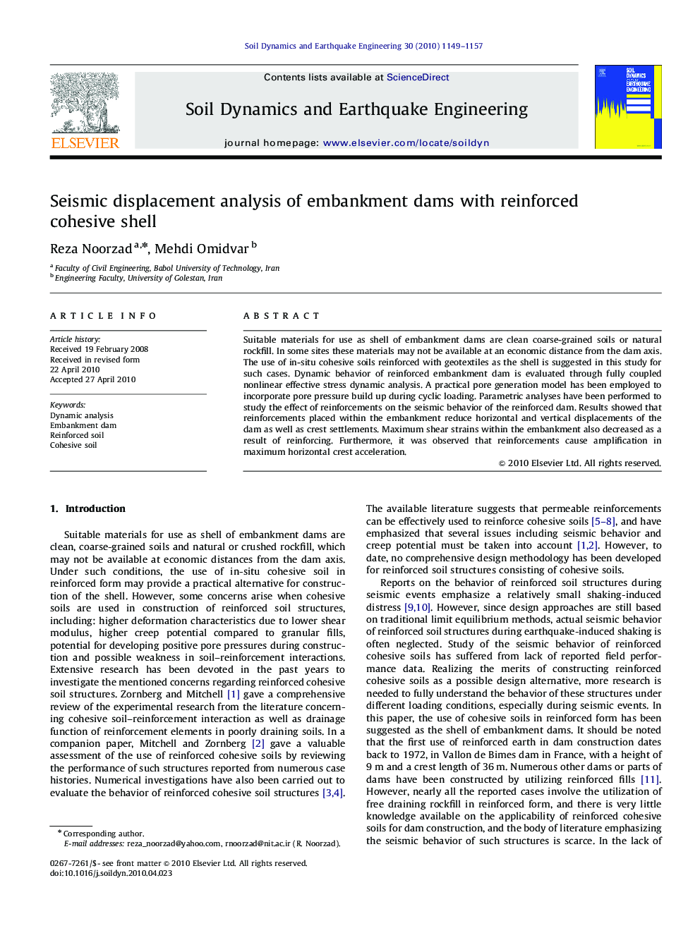 Seismic displacement analysis of embankment dams with reinforced cohesive shell