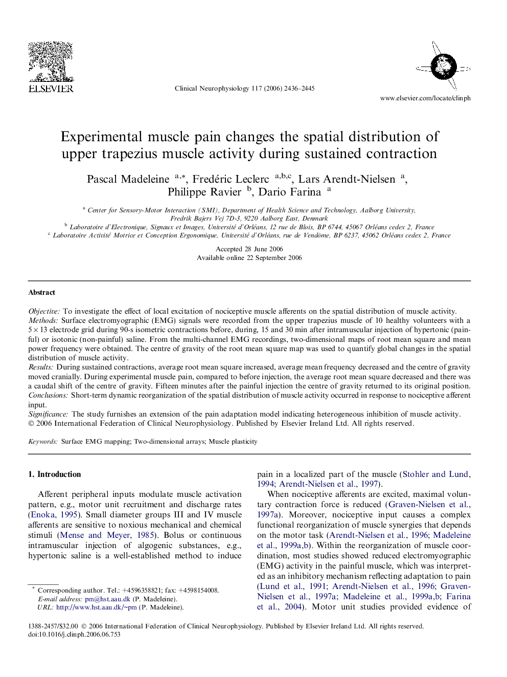 Experimental muscle pain changes the spatial distribution of upper trapezius muscle activity during sustained contraction