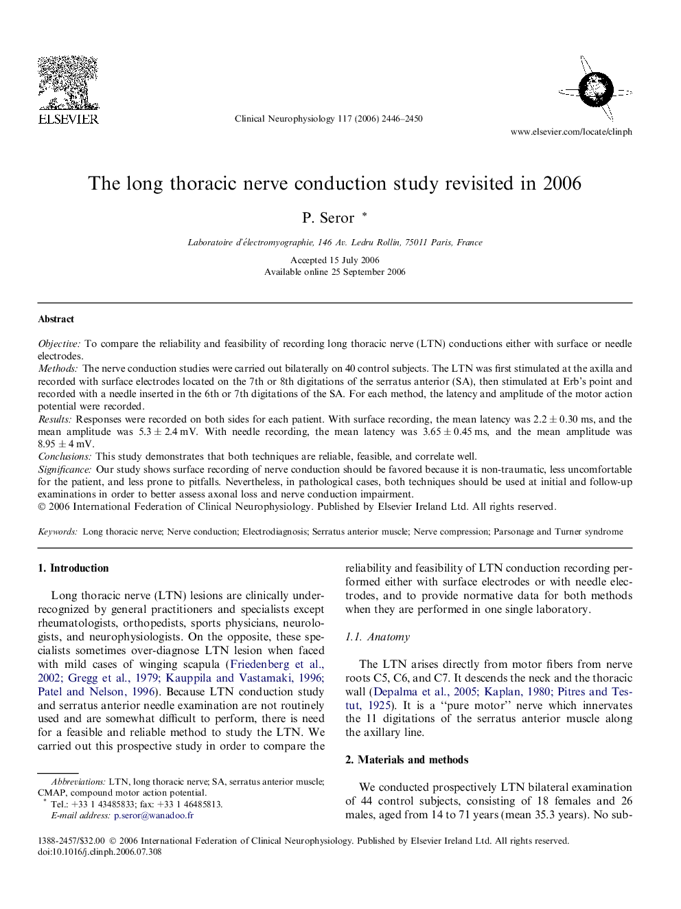 The long thoracic nerve conduction study revisited in 2006