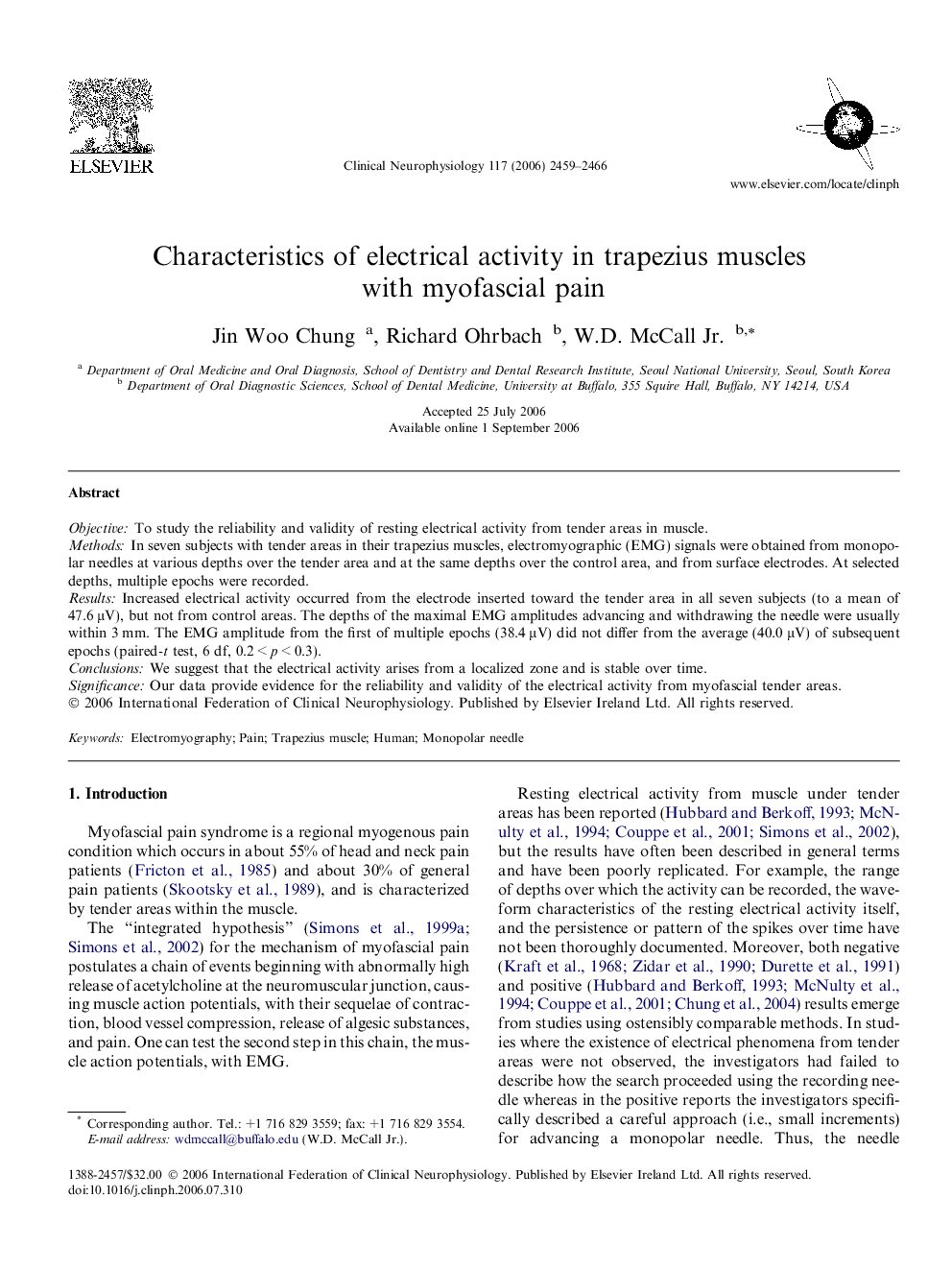 Characteristics of electrical activity in trapezius muscles with myofascial pain