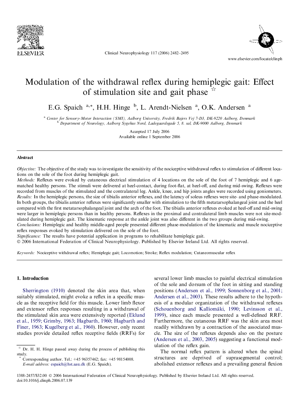 Modulation of the withdrawal reflex during hemiplegic gait: Effect of stimulation site and gait phase 