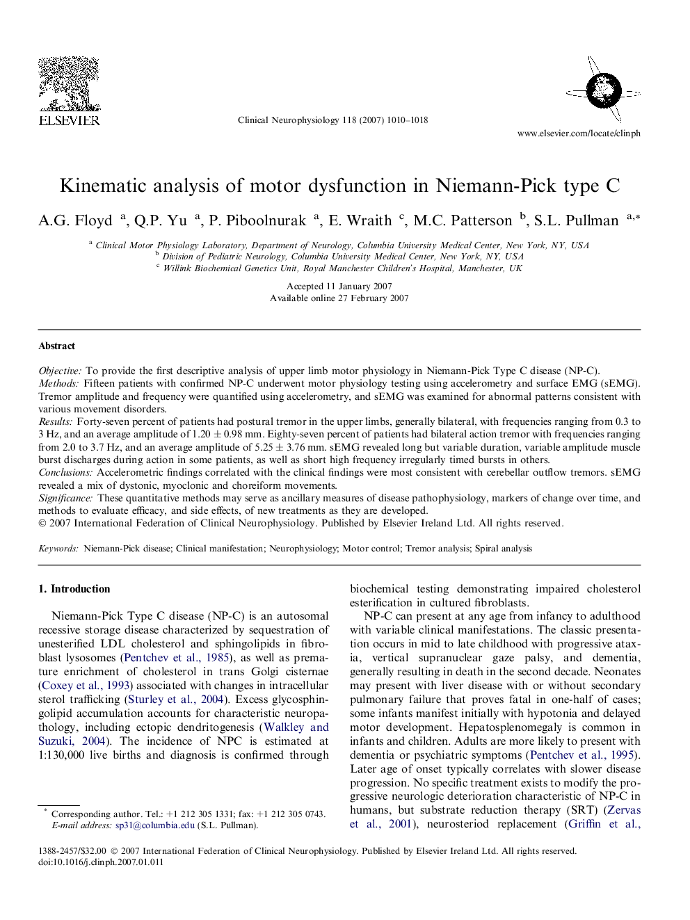 Kinematic analysis of motor dysfunction in Niemann-Pick type C