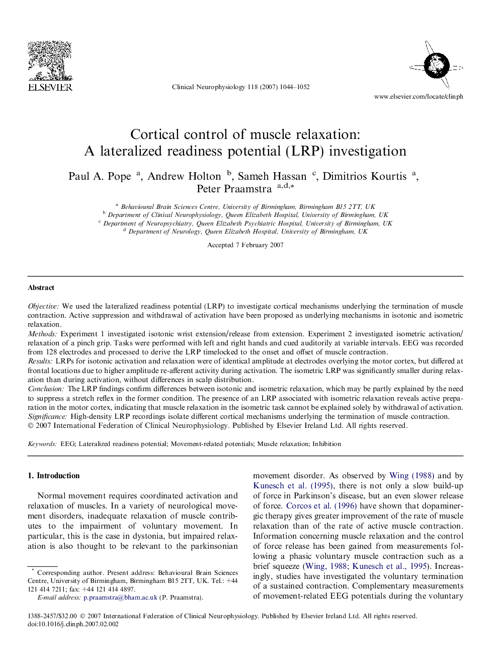 Cortical control of muscle relaxation: A lateralized readiness potential (LRP) investigation