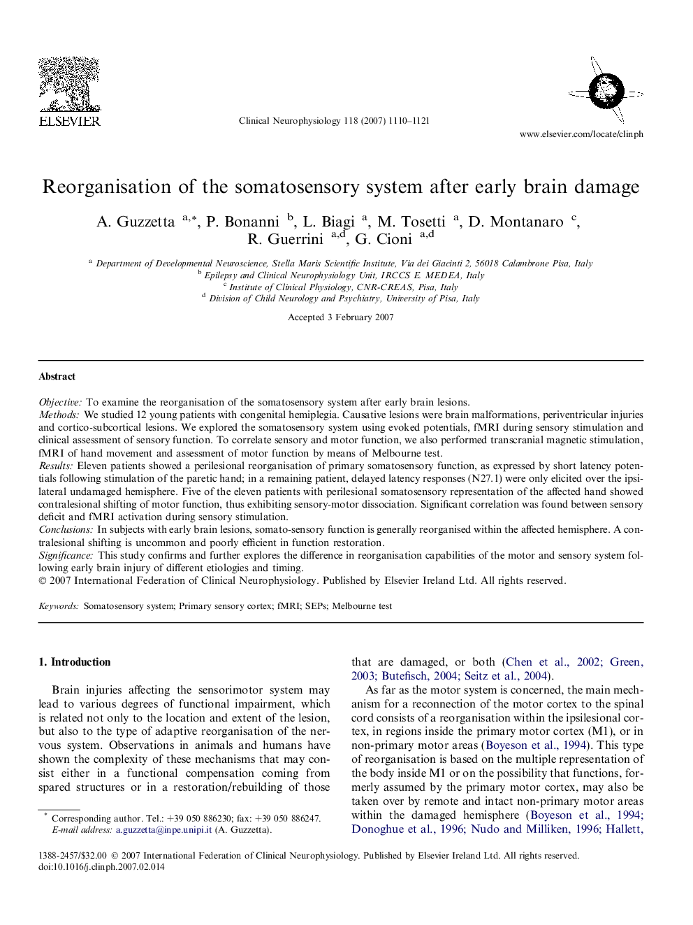 Reorganisation of the somatosensory system after early brain damage