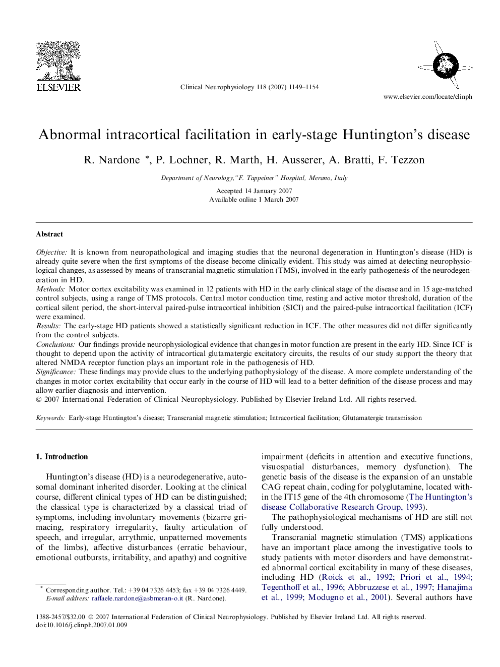 Abnormal intracortical facilitation in early-stage Huntington’s disease