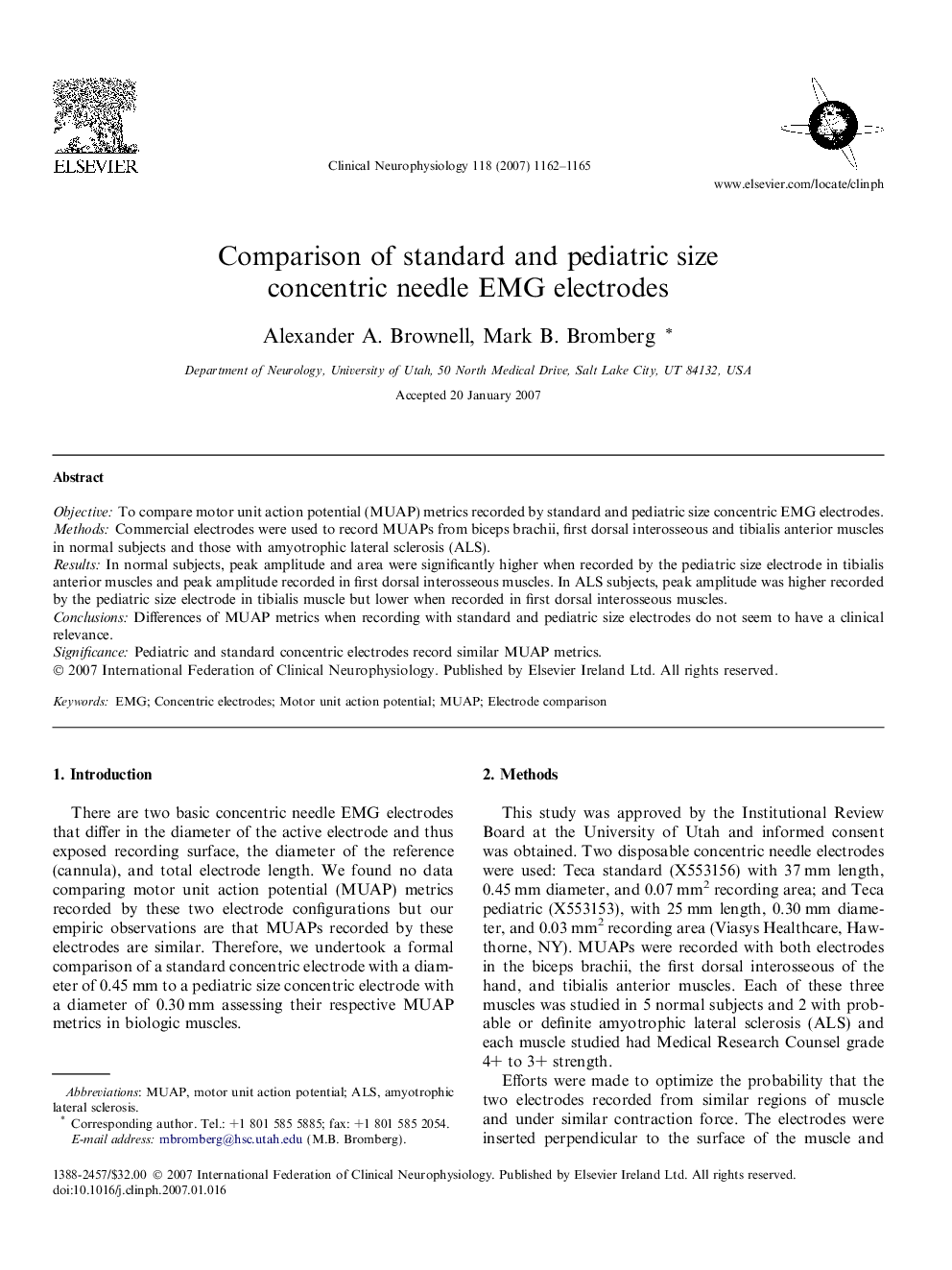 Comparison of standard and pediatric size concentric needle EMG electrodes