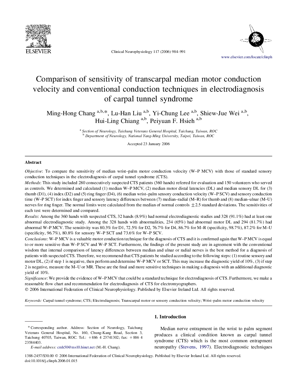 Comparison of sensitivity of transcarpal median motor conduction velocity and conventional conduction techniques in electrodiagnosis of carpal tunnel syndrome