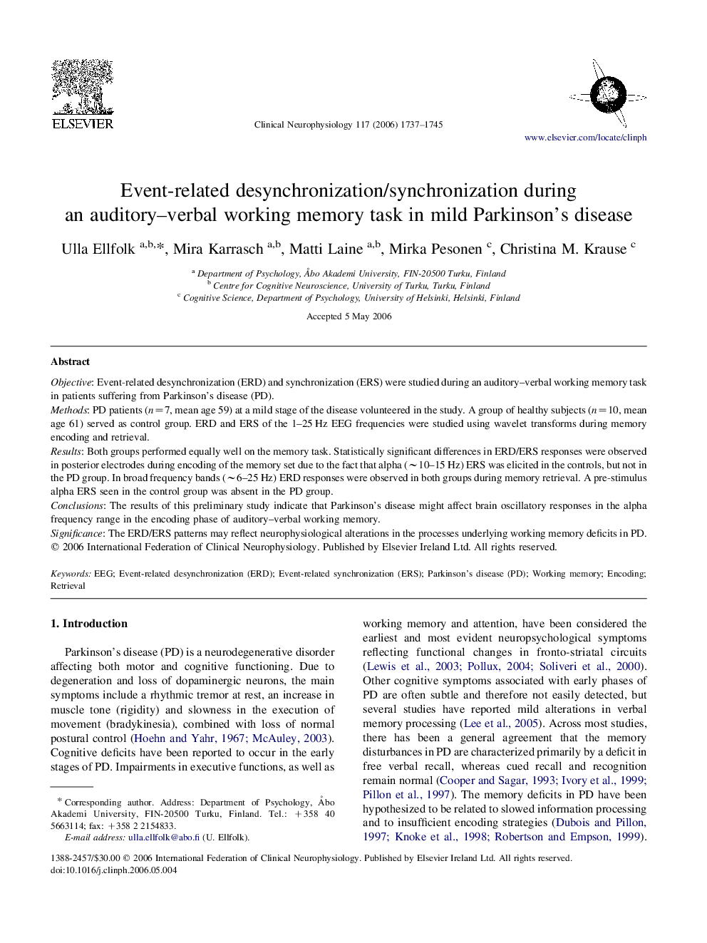 Event-related desynchronization/synchronization during an auditory–verbal working memory task in mild Parkinson's disease