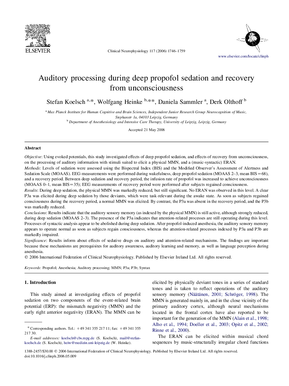 Auditory processing during deep propofol sedation and recovery from unconsciousness