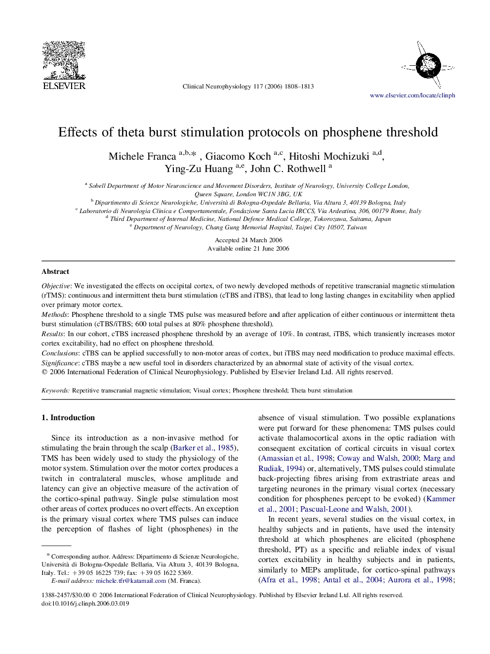 Effects of theta burst stimulation protocols on phosphene threshold