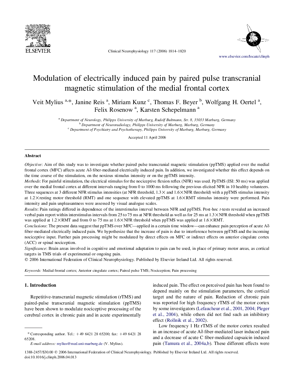 Modulation of electrically induced pain by paired pulse transcranial magnetic stimulation of the medial frontal cortex