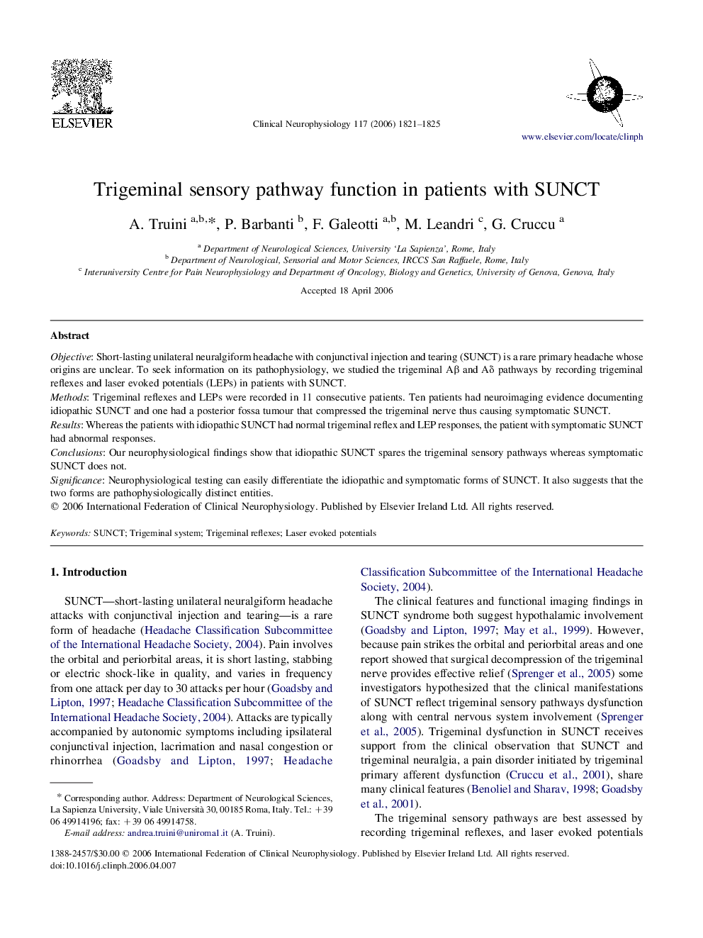 Trigeminal sensory pathway function in patients with SUNCT