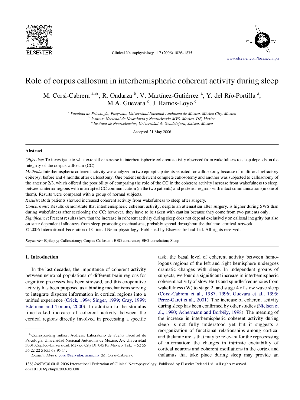 Role of corpus callosum in interhemispheric coherent activity during sleep