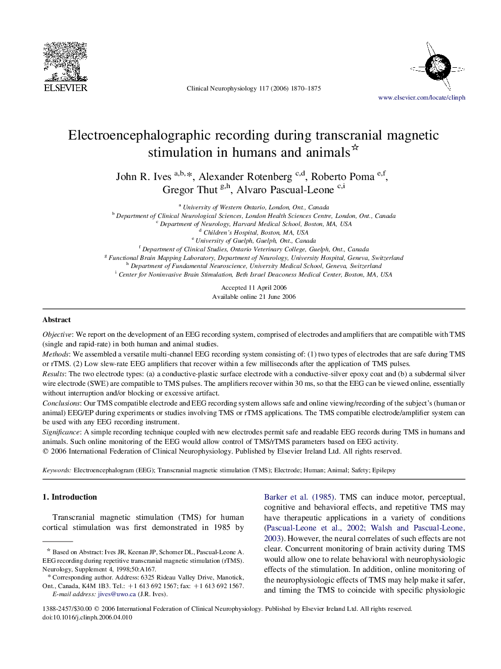 Electroencephalographic recording during transcranial magnetic stimulation in humans and animals 