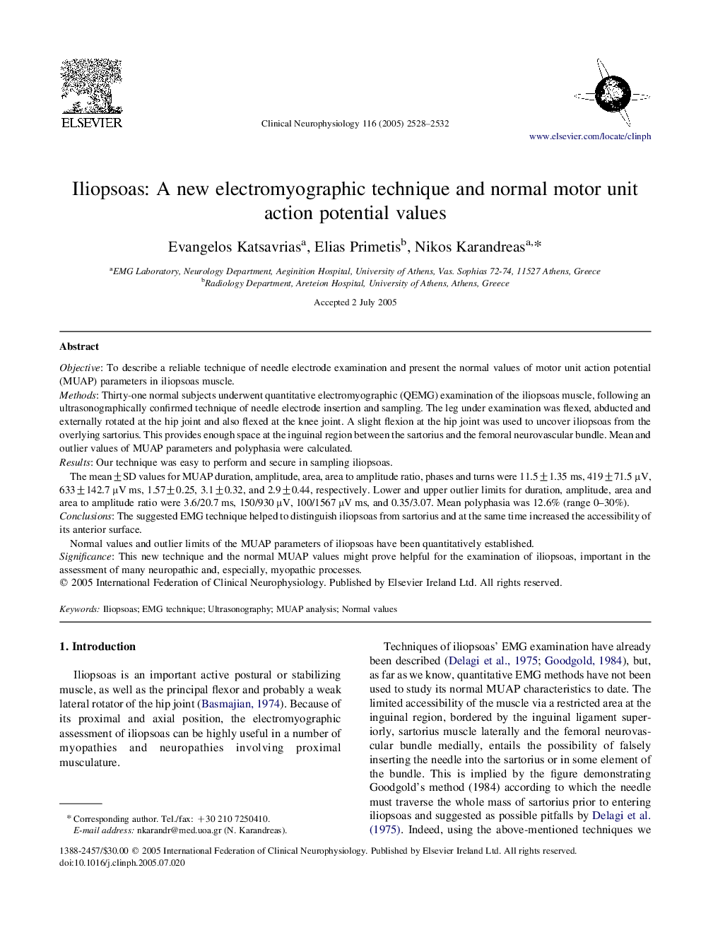 Iliopsoas: A new electromyographic technique and normal motor unit action potential values