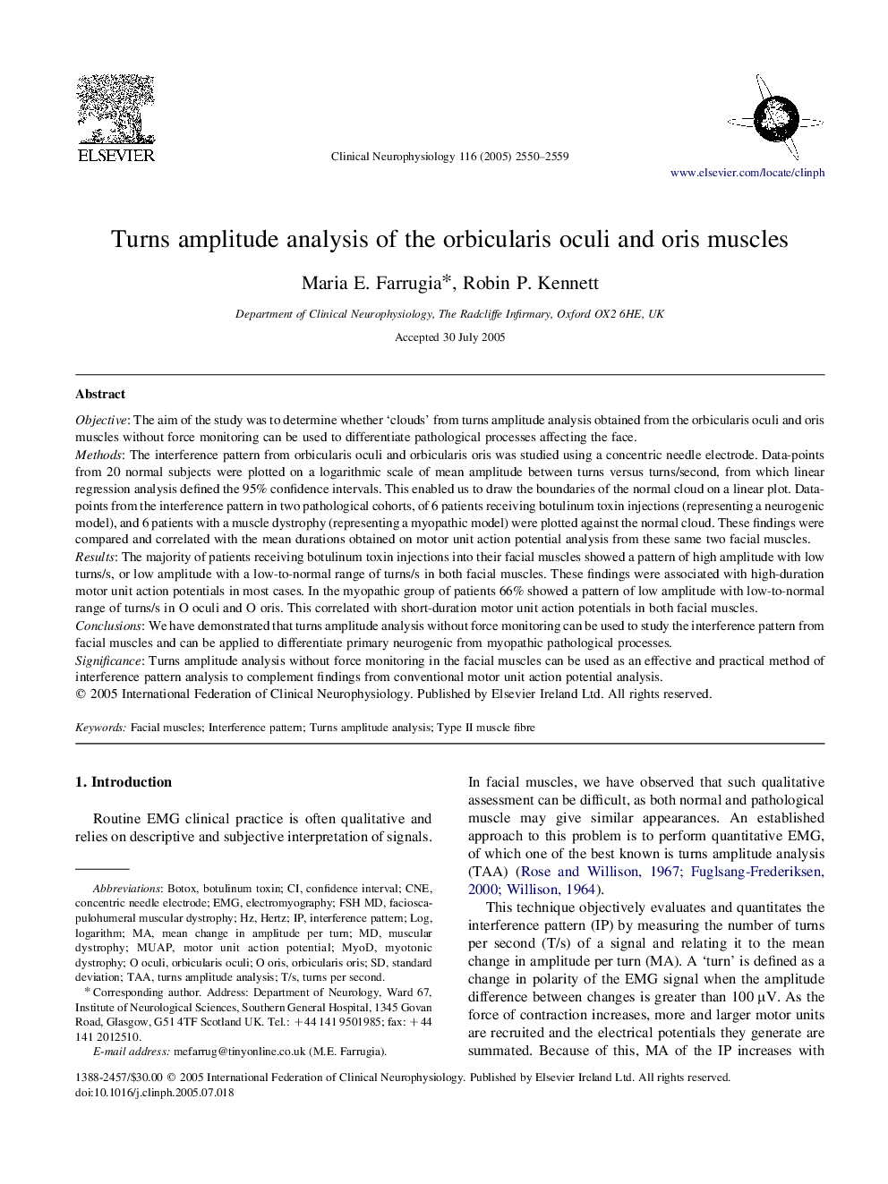 Turns amplitude analysis of the orbicularis oculi and oris muscles