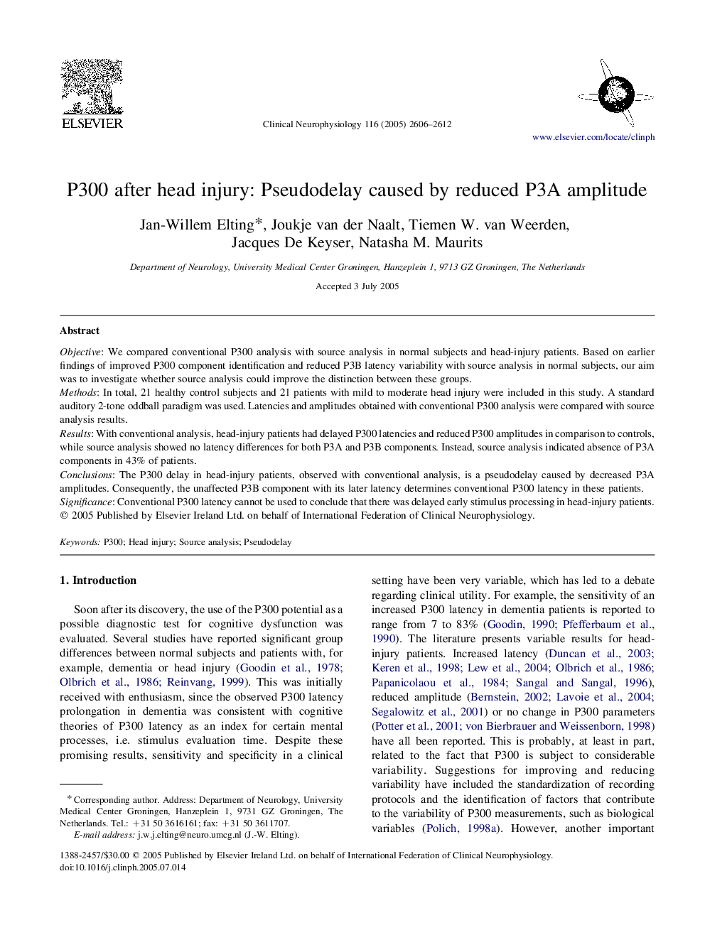 P300 after head injury: Pseudodelay caused by reduced P3A amplitude