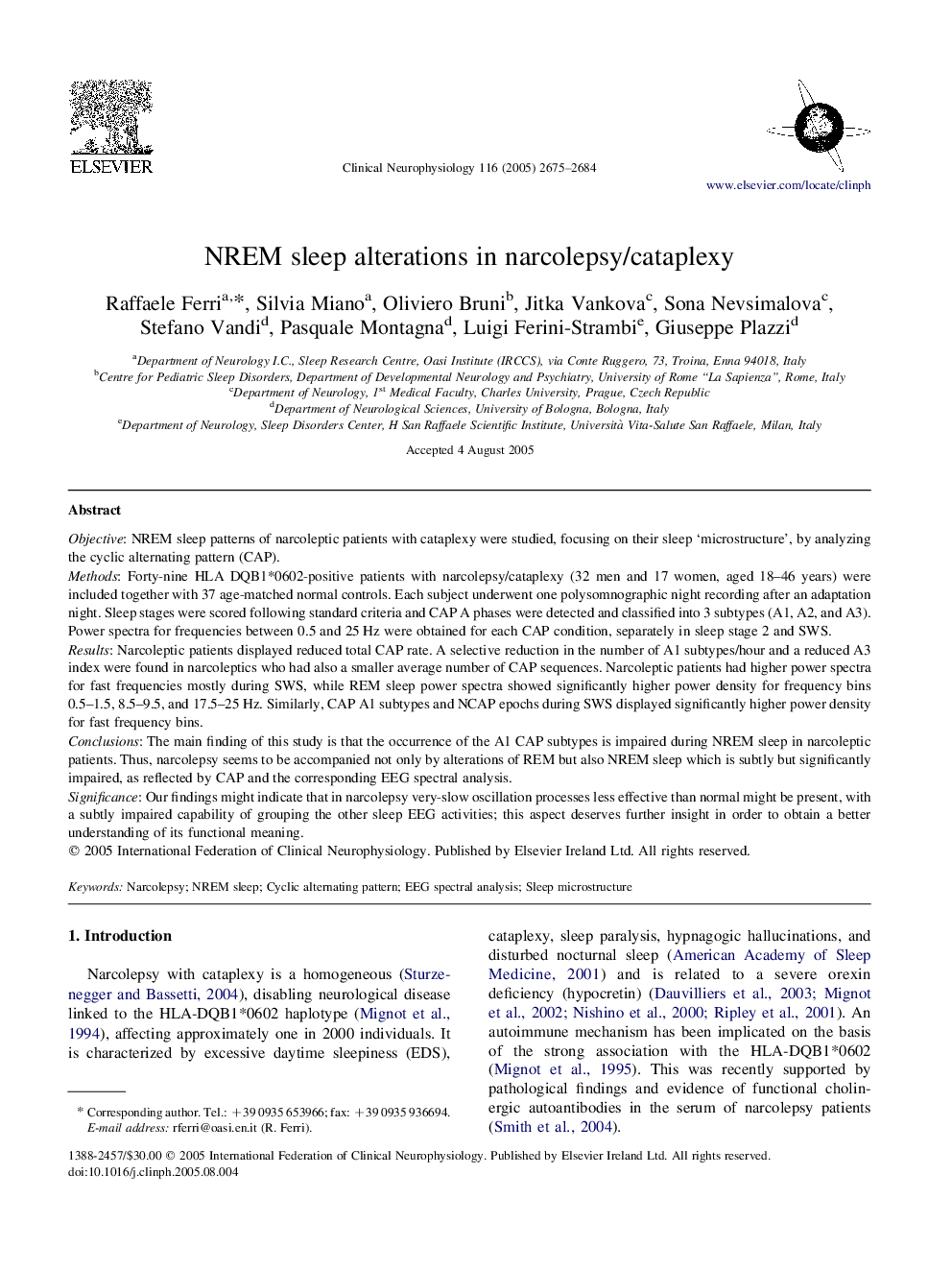 NREM sleep alterations in narcolepsy/cataplexy