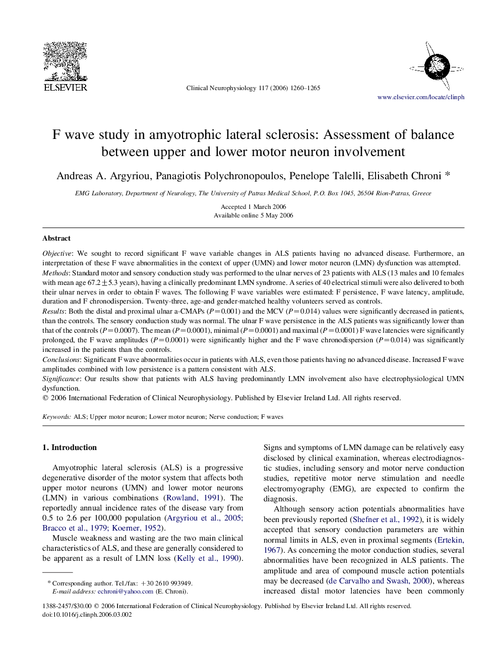 F wave study in amyotrophic lateral sclerosis: Assessment of balance between upper and lower motor neuron involvement